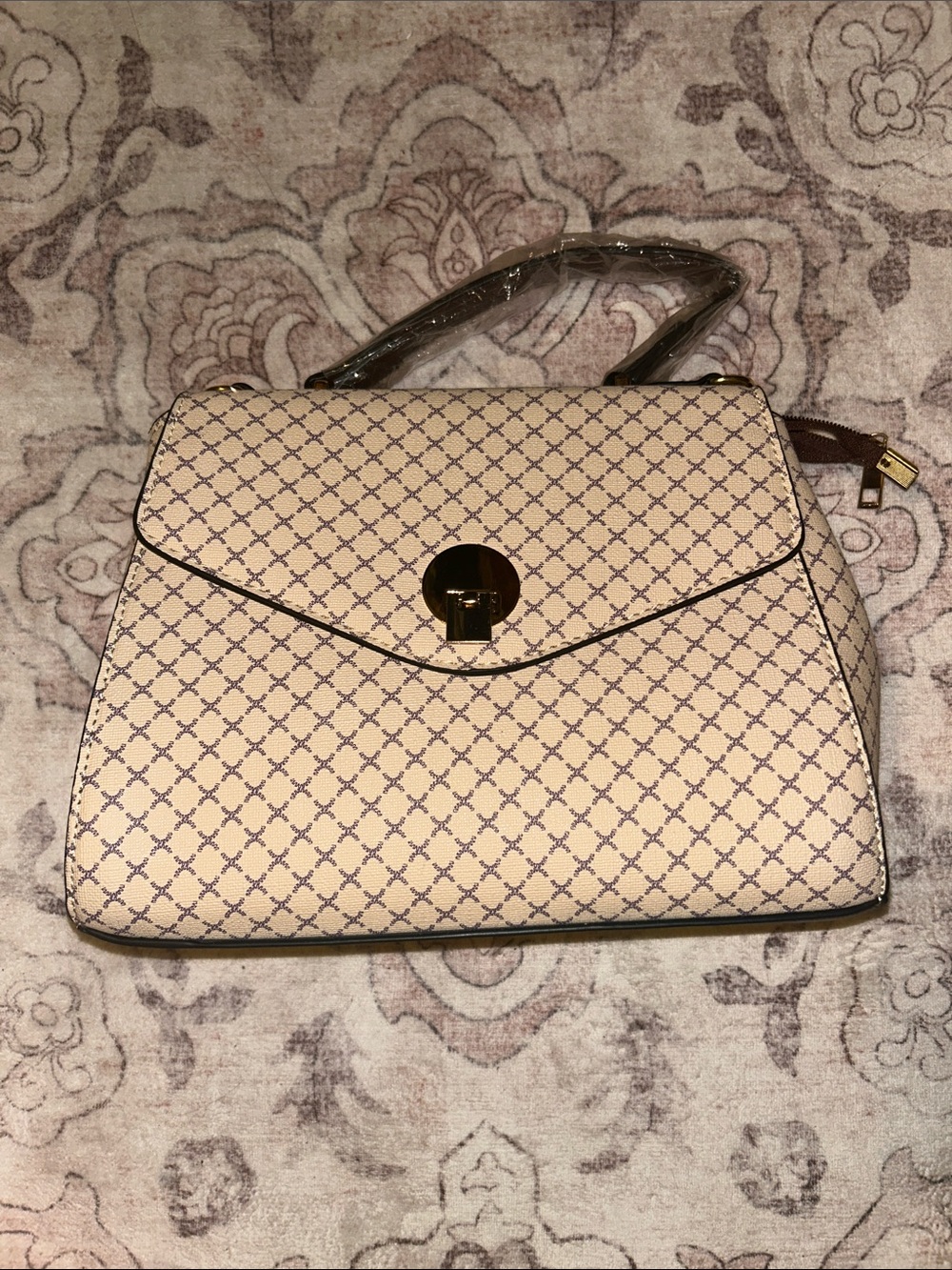 Elegant Beige Patterned Top-Handle Women’s Bag